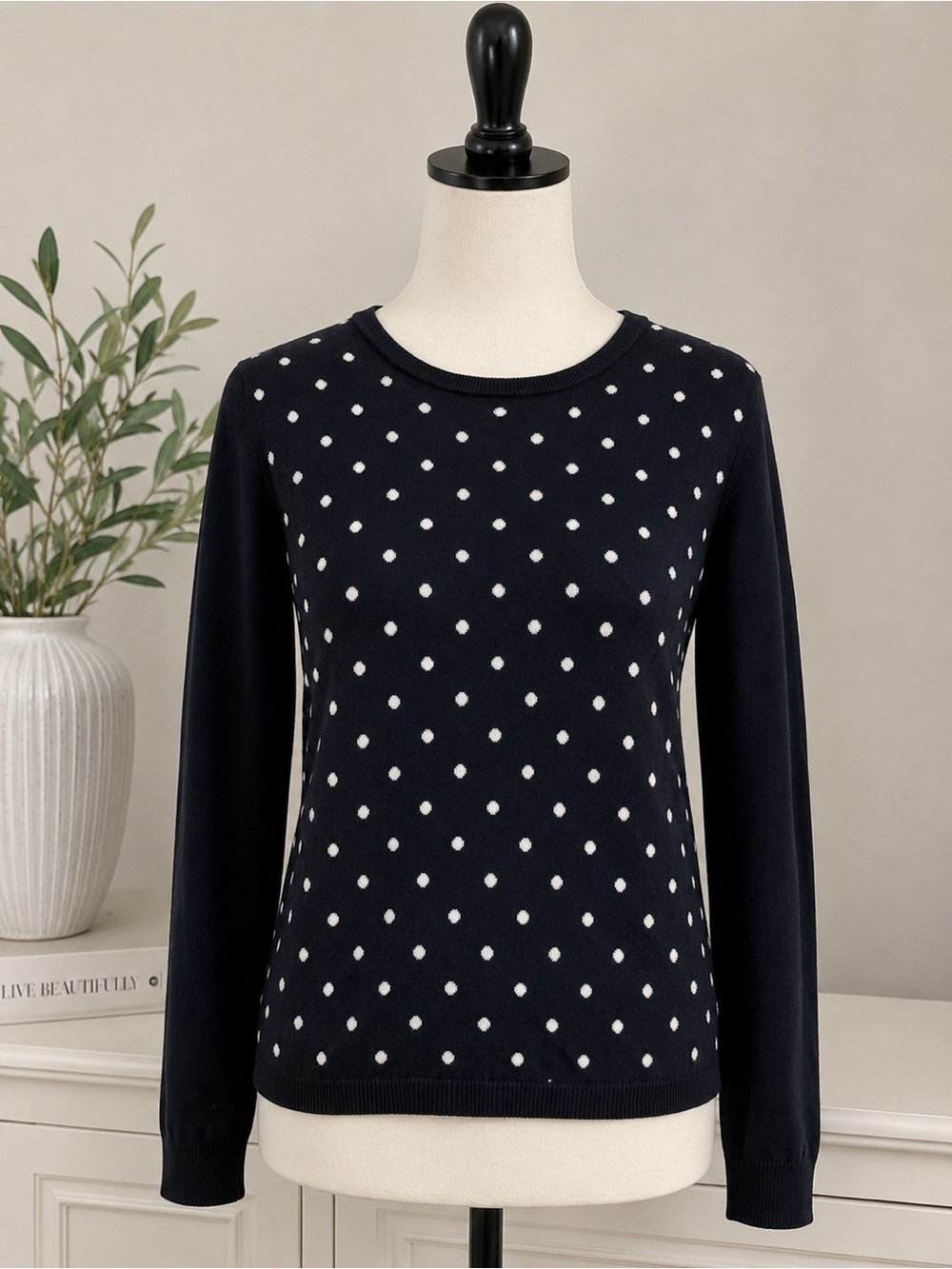 Tommy Hilfiger Navy and White Polka Dot Crewneck Sweater
